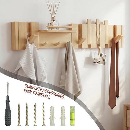 Mid Century Modern Walnut Foldable Entryway Wall Coat Hanger Hook with Shelf,Heavy Duty Wooden Piano Hidden Towel Hooks for Bathroom,Wall Rack for Purse&Key&Mail,Home Decor (Natural, 9 Hooks)