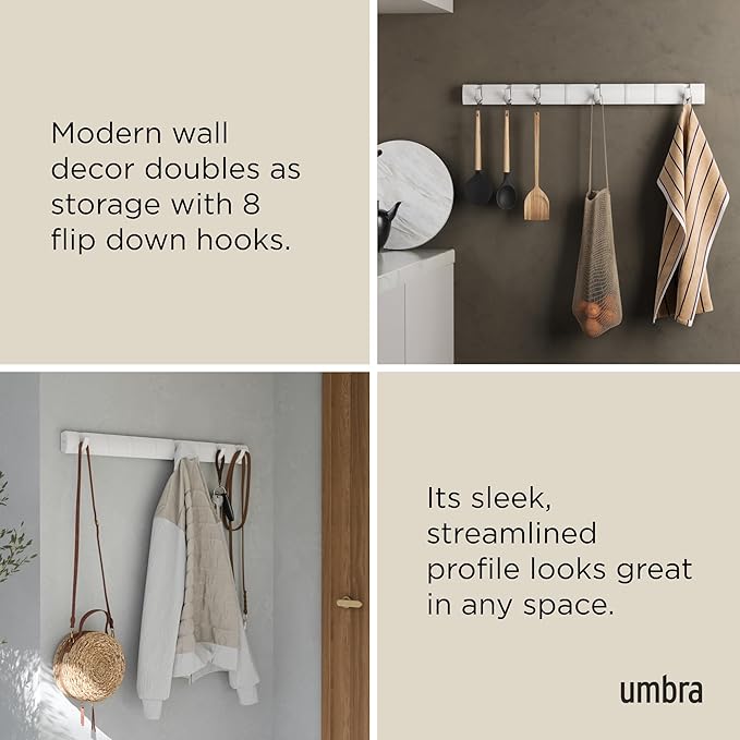 Umbra Flip Wall-Mounted Coat Rack with 8 Hooks – Modern, Space-Saving Storage for Hats, Jackets, Bags, Entryway, Mudroom, Closet, Bathroom, Bedroom – White/White