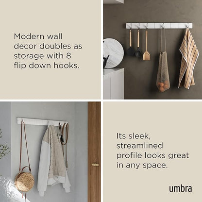 Umbra Flip Wall-Mounted Coat Rack with 8 Hooks – Modern, Space-Saving Storage for Hats, Jackets, Bags, Entryway, Mudroom, Closet, Bathroom, Bedroom – White/White