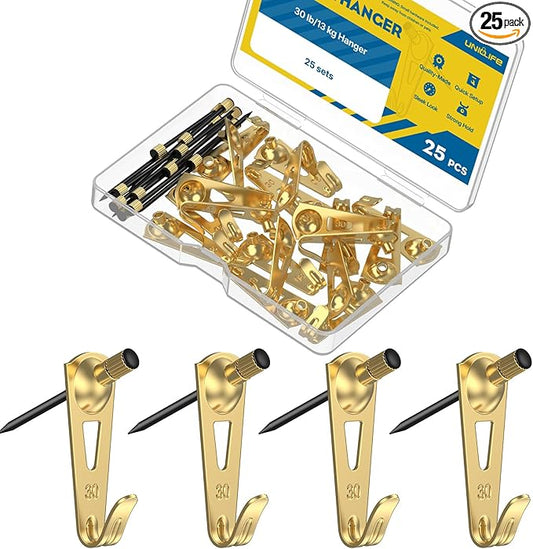 Uniclife 25 Pcs 30 lb Heavy Duty Picture Hangers for Drywall & Wood, Picture Hanging Hooks with Nails, Picture Hanging Hardware, Frame Hooks Picture Hooks for Hanging Photos Mirrors Paintings