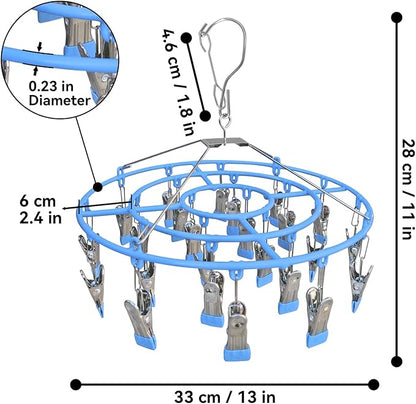 Clothes Drying Rack,Stainless Steel Laundry Drip Hanger with 24 Clips, Heavy Duty Round Swivel Windproof Hook Underwear Hanger for Drying Towel, Bras, Sock,Lingerie, Baby Clothes (Blue)