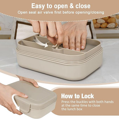 Caperci Stackable Bento Lunch Box for Adult & Teens - Reinforced Leak-Proof Lunch Container 4-Compartment with Utensils & Sauce Container, BPA-Free, Dishwasher/Microwave Safe, 47oz (Pale Mocha)
