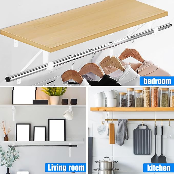 Pisman 10 Inch Heavy Duty Closet Rod Bracket Adjustable 4-Pack, Closet Rod Support with Shelf Bracket and Rod Holders - White Steel Clothes Hanger for Bedroom, Laundry Room Storage