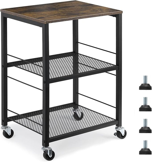 MOOACE Rustic 3 Tier End Table with Wheel,Side Table Nightstand Storage Shelf for Bedroom,Kitchen,Living Room and Office, Stable Metal Frame,Wood Top, Easy Assembly - Brown&Black