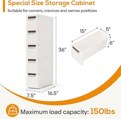 5 Drawers Slim Bathroom Storage Cabinet Dresser, Narrow Plastic Rolling Cart Organizer with Drawers, for Small Spaces, Kitchen, Laundry, Office, Bedroom, White