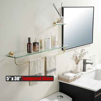 JQK Bathroom Glass Shelf, Shelf with 29 Inch Towel Bar Tempered Glass Shower Storage 30 by 5 inches, 304 Stainless Steel Brushed Gold Wall Mount, TGS100L30-BG
