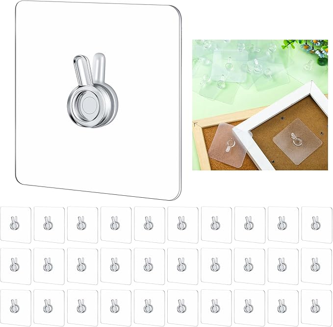 Wenqik 30 Pcs Adhesive Picture Hanger Foamboard Picture Hanging Hooks Without Nails Plastic Sticky Photo Hooks for Home Wall Art Photo Frame Bathroom Closet (Transparent Style)