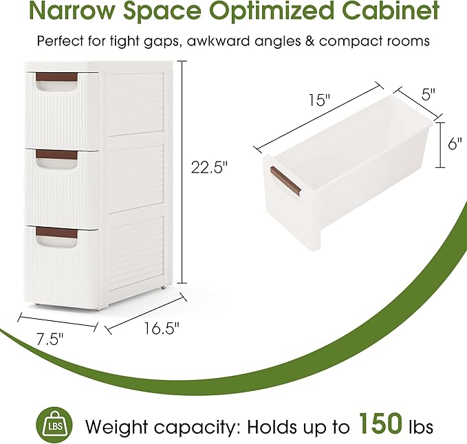 3 Drawers Narrow Storage Cabinet, Slim Bathroom Storage Cabinet, Plastic Rolling Cart Organizer for Small Spaces, Laundry, Office, Home, White