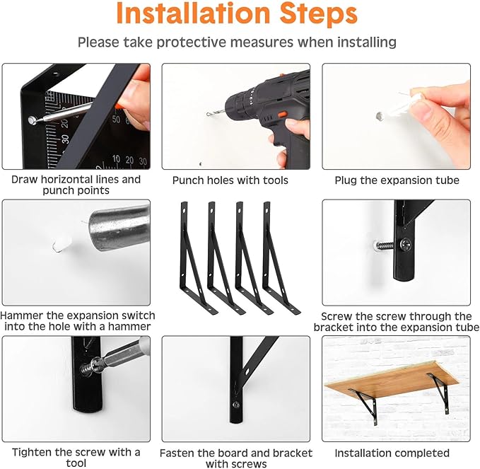 Nuogo 40 Pack Heavy Duty Shelf Brackets Bulk Metal Floating Shelving Support Wall Mounted 90 Degree Triangle Corner L Brackets for Garage with Hardware, Black (8 Inch)