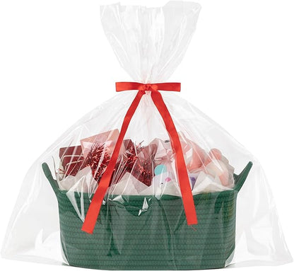 Basket for Gifts Empty, Woven Storage Basket with Gift Bag, Ribbon and Wrap Tissue Paper, Small Rope Toy Storage with Handles for Christmas, Baby Shower, Dog Toy Organizer, 13.6" x 10" x 5.9”