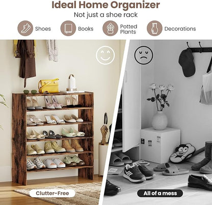 COSTWAY 6-Tier Shoe Rack, Extra Wide Shoe Shelf Organizer with Stackable Design, 31" Freestanding Adjustable Storage Shoe Stand for Small Space Entryway Hallway Closet (1,Rustic Brown)