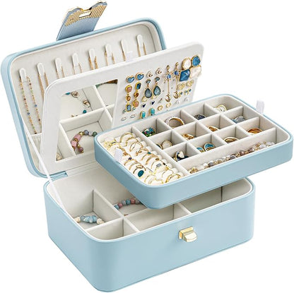 Lolalet 2 Layer Jewelry Box for Teen Girls & Young Women, Jewelry Organizer Case with Bow Clasp and Mirror for Earrings Rings Necklaces Storage, Gift Idea -Blue