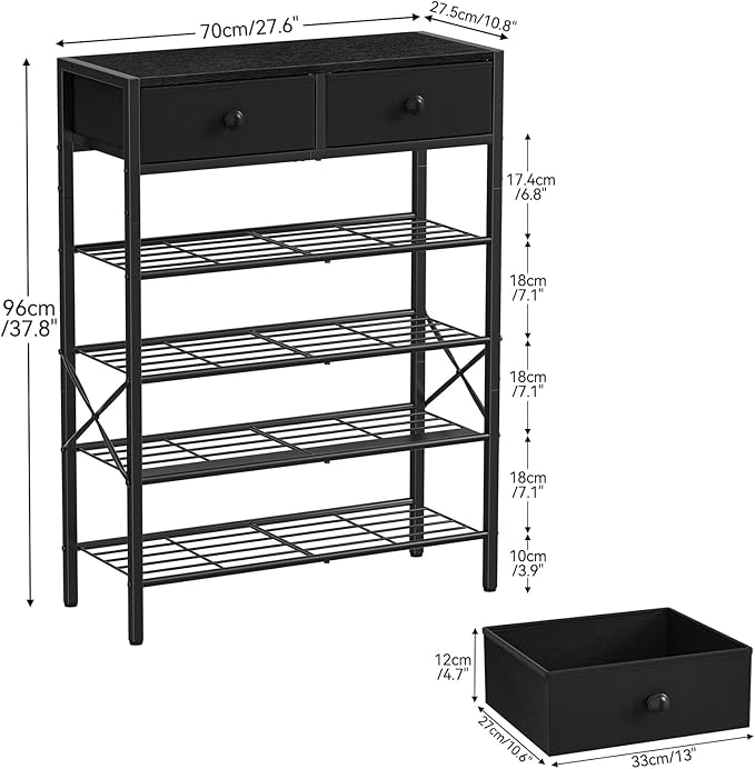 Shoe Rack for Entryway, 5 Tier Shoe Organizer with 2 Non-Woven Drawers, Metal Storage Shoe Shelf for 16-20 Pairs of Shoes, with Wooden Top and Steel Frame, Shoe Stand for Closet Charcoal
