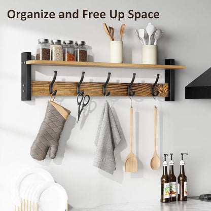 Coat Rack Wall Mount with Shelf, 29 Inch Coat Hanger Walls Mounted, Hat Rack for Walls, Shelf with 5 Coat Hooks, Wall Hanger for Entryway (Brown)