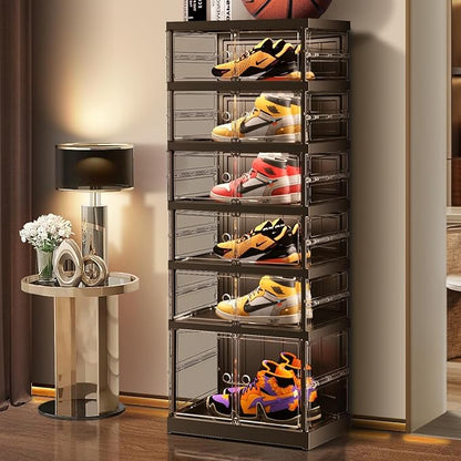 6-Tier Collapsible Shoe Storage Rack - Large Plastic Shoe Organizer with Doors, Quick Assembly, Black