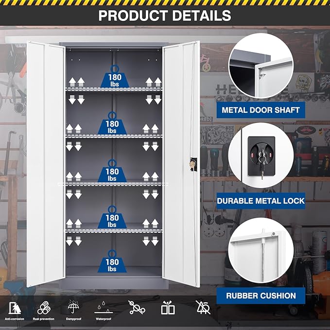 Metal Storage Cabinet-72” Tall Steel File Cabinets with Lockable Doors and Adjustable Shelves-White&Gray Steel Storage Cabinet for Home Kitchen, Office, Garage
