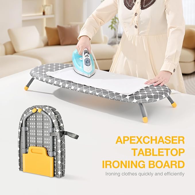 APEXCHASER Foldable Ironing Board, Tabletop Small Iron Board with Heat Resistant Covers, Portable Folding Mini Iron Table with Non-Slip Feet for Home, Laundry Rooms, Dorms, Travel Use, Yellow