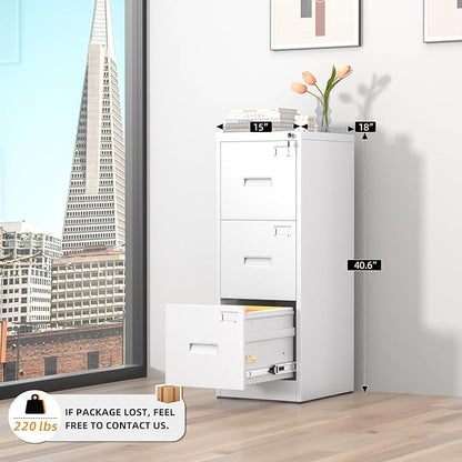 INTERGREAT 3 Drawer File Cabinet, White Metal Filing Cabinet with Lock, Locking Tall File Cabinets with 4 Adjustable Hanging Frame for Home Office, Name Tag