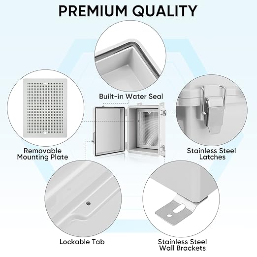 TICONN Outdoor Electrical Box Waterproof, Junction Box IP67 ABS Plastic Enclosure with Hinged Cover with Mounting Plate, Wall Brackets, Cable Glands (Off-White, 15.7"x11.8"x7.1")