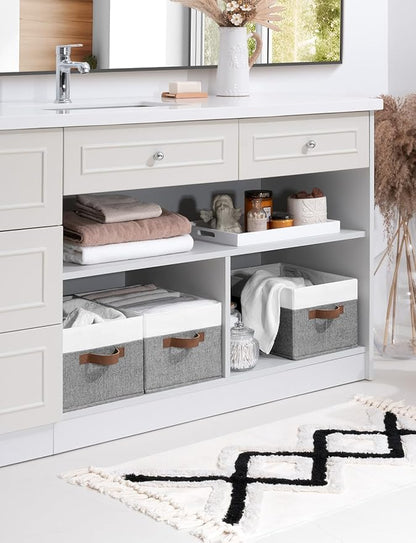 StorageWorks Fabric Shelf Baskets, Closet Organizers and Storage Basket, Foldable Storage Bins for Shelves, Clothes Storage Bins, Gray and White, 3-Pack, Large