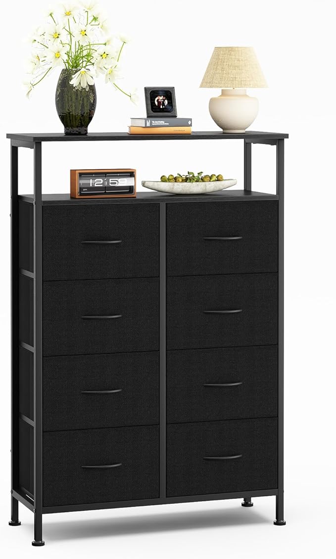 DUMOS TV Stands for Living Room with 8 Drawers, Tall 8-Drawer Chest of Drawers with Raised Shelf, Storage Tower with Fabric Bins for Organization, Hallway Storage, Black