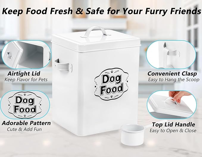 Youeon 5-7 Lbs(25 Cup) Metal Dog Food Storage Container with Lid and Scoop, Airtight Dog Treat Container, Farmhouse Pet Food Storage Container, Cute Dog Food Canister, Gift for Dogs and Owners, White