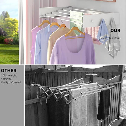 Upgrade Wall Mounted Drying Rack with 6 Hooks, 31.5" Foldable Laundry Rack, 5 Rods & Hooks Space Saver for Bathroom, Collapsible Clothing Rack with Template for Indoor Outdoor (White)