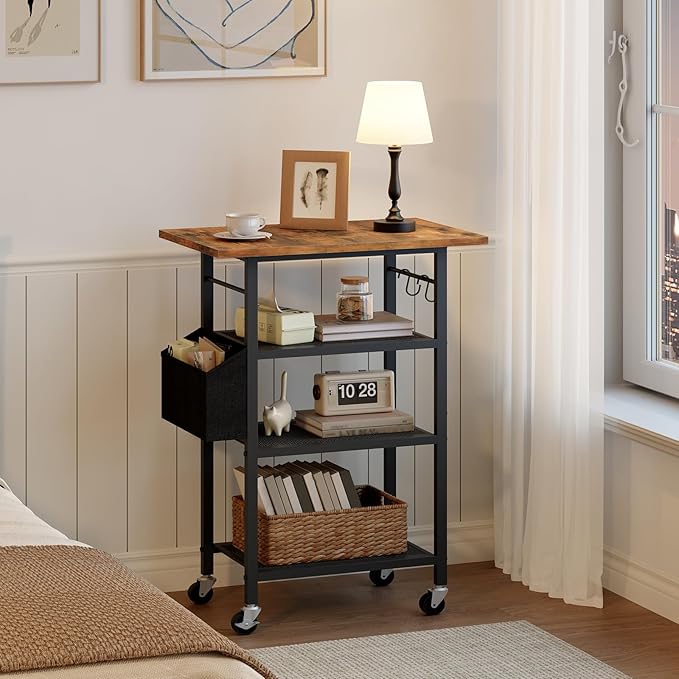 4-Tier Printer Stand, Rolling Printer Table on Wheels, Industrial Storage Stand with Side Pocket, Wooden Tabletop, 2 S-Shaped Hooks, for Home Office, Rustic Brown and Black PTHR2601