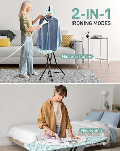 LyriFine Ironing Board, 2-in-1 Flat and Hanging Board, Sturdy Steel Frame Iron Board with Non-Slip Feet, Heat Resistant Cover Iron Board, Foldable Ironing Board Full Size with Hook, 14″ x 43″ Green