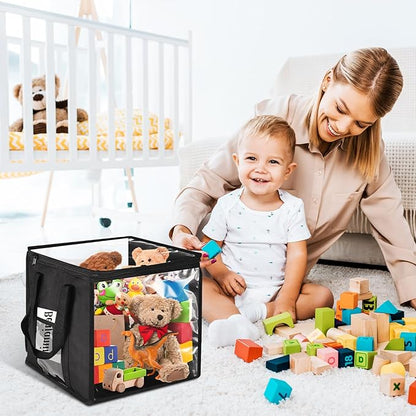 4 Pack Clear Toy Storage Bin with Lids - 12" x 12" Storage Cube Bin Foldable PVC Boxes with Handles, Storage Organizers for Toys, Clothes, Blocks, Stuffed Animal Storage(Black)