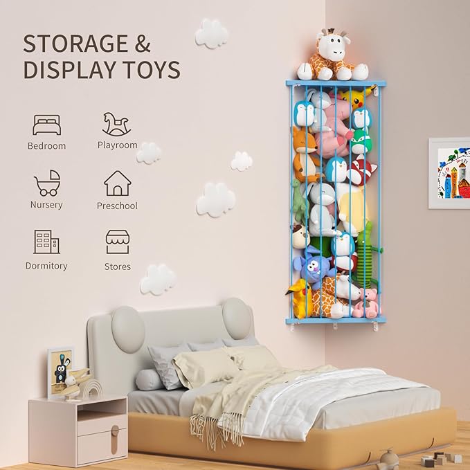 Stuffed Animal Storage Shelf Organizer(Patented) - Corner Stuffed Animal Holder Length Adjustable - Wall Plush Storage for Nursery Playroom Bedroom Kids Room (Blue, Standard)