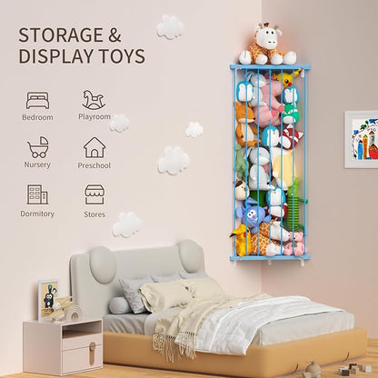 Stuffed Animal Storage Shelf Organizer(Patented) - Corner Stuffed Animal Holder Length Adjustable - Wall Plush Storage for Nursery Playroom Bedroom Kids Room (Blue, Standard)