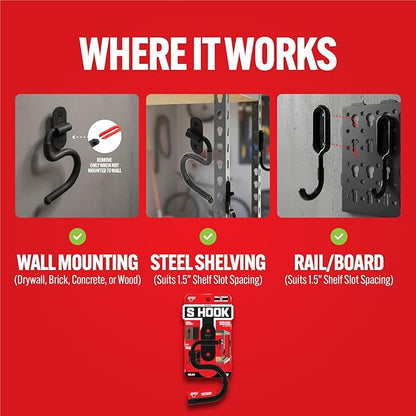 Smart T Garage Storage Wall Hook | S-Hook for Garage Organization, Heavy Duty Organizer Wall Mount or Shelving Hooks