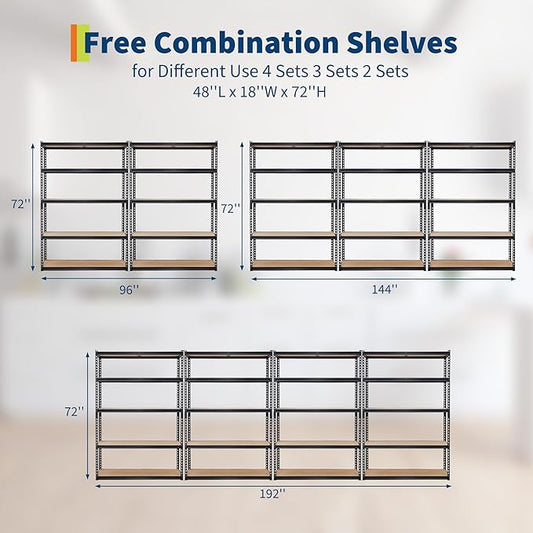 Heavy Duty Garage Storage Shelves, 5-Tier Adjustable Metal Shelving Unit, Up to 2500 Lb Capacity, 48" l x 18" w x 72" h Storage Rack for Kitchen, Pantry, Basement, Bathroom & Laundry
