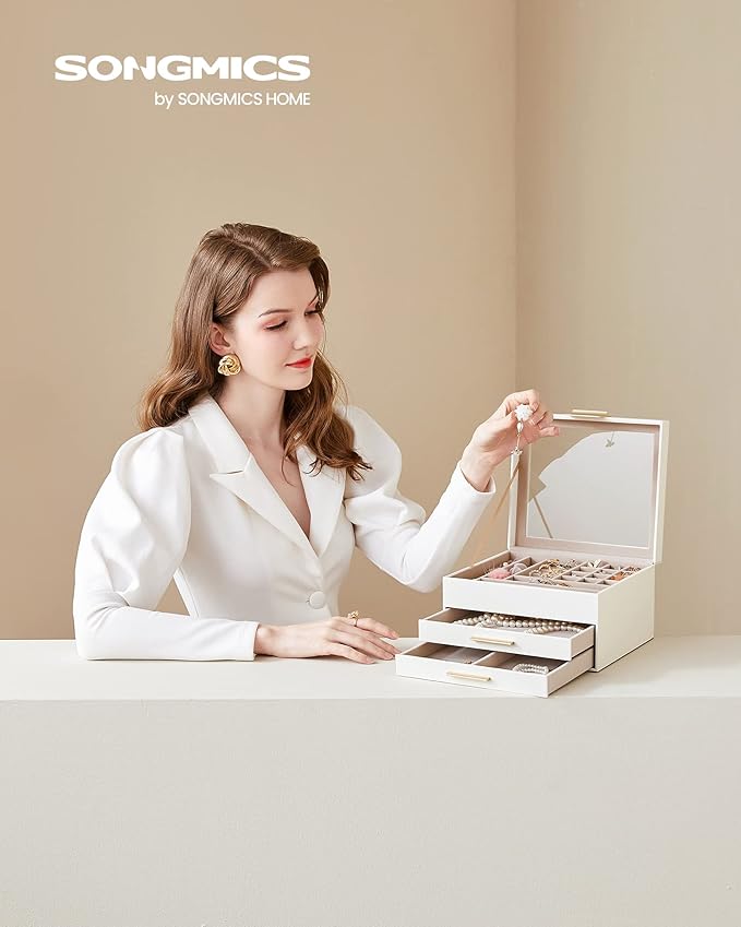 SONGMICS GISELLA Collection - Jewelry Box Organizer, 3-Layer Jewelry Storage with 2 Drawers, Shiny Metal Hardware, Glass Lid, Modern, 8 x 9.1 x 5.3 Inches, Cloud White and Gold Color UJBC239WT