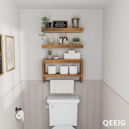 QEEIG Bathroom Floating Shelves for Wall - Shelf Over Toilet Paper Storage Farmhouse 16 inch Set of 3, Rustic Brown (028-40BN3)