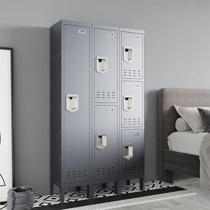 Metal Storage Locker with Lock & Card Slot Locker - Secure Lockable Door - Steel Locker for School, Office, Gym, Home - 66.15" H x 11.8" W x 11.8" D（3 Door, Grey）