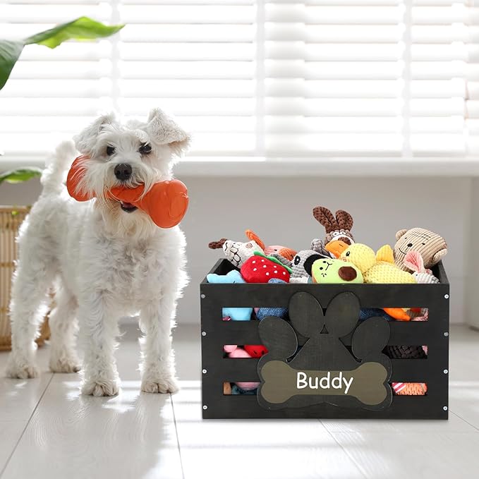 Large Dog Toy Basket Wood Dog Toy Bin Storage Baskets Box with Handles and Label Position Design Large Organizer with Paw Pattern Print for Pets Toys Food Blankets Clothes 18"x12"x10"