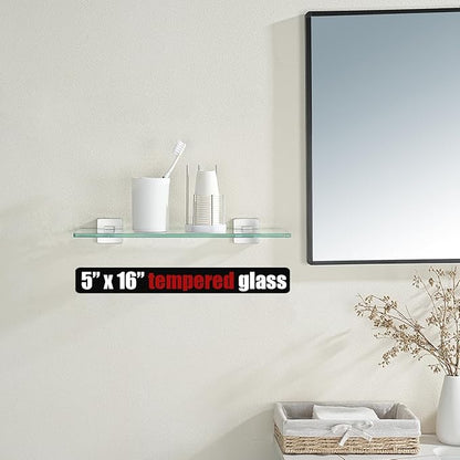 JQK Bathroom Glass Shelf, Floating Tempered Glass Shower Storage 16 by 5 inches, 304 Stainless Steel Brushed Finish Wall Mount 2 Pack, TGS201L16-BN-P2