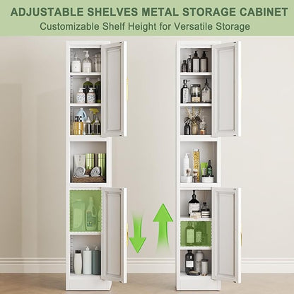 67" Tall Narrow Storage Cabinet Metal Bathroom Cabinet with 2 Doors & 4 Adjustable Shelves, Standing Pantry Cabinets Cupboard for Kitchen, Dining Room, Living Room and Bathroom (White)