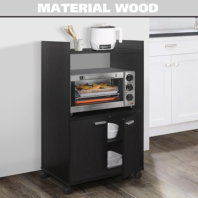 Kings Brand Furniture Ayla Microwave Cabinet with Storage and Upper Shelf for Kitchen Appliances - 2 Door Cabinet Kitchen Storage Cart - Wood Kitchen Cart with Lockable Castors Wheels – Black
