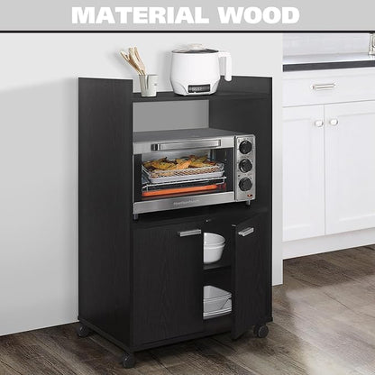 Kings Brand Furniture Ayla Microwave Cabinet with Storage and Upper Shelf for Kitchen Appliances - 2 Door Cabinet Kitchen Storage Cart - Wood Kitchen Cart with Lockable Castors Wheels – Black