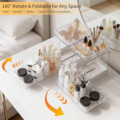 Attelite Pull Out Cabinet Organizer, 2 Tier Bathroom Counter Organizer with 180° Rotating and Foldable Design, Sliding Drawers Clear Spice Rack Organizer for Cabinet, Under Sink Organizer