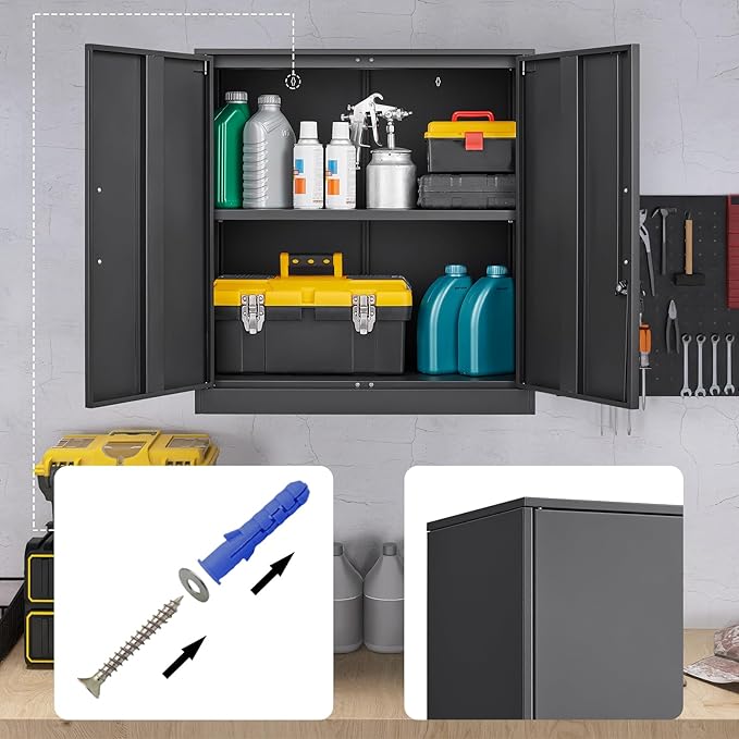 LUCYPAL Metal Storage Cabinets with 2 Doors and Handle,Steel Locking Storage Cabinet with Adjustable Shelves,Tool Cabinet for Office,Home, Garage (Black)