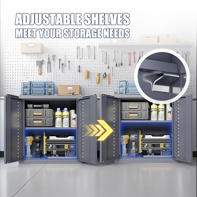 KAER Metal Garage Storage Cabinet Industrial Style Tool Cabinets with 2 Doors and Adjustable Shelf Wall Mounted Steel Hanging Cabinet for Warehouse Basement Kitchen Laundry - Assembly Required