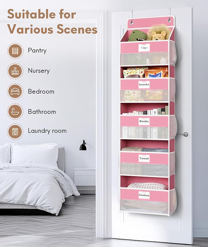 Over The Door Organizer Hanging, 5 Shelf Behind The Doors Storage, Pantry Door Organizer, Closet Organizers for Bedroom and Nursery (Pink)