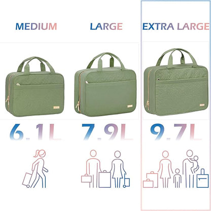 NISHEL Travel Toiletry Bag for women, Portable Hanging Organizer for Family-Sized Shampoo, Conditioner, Brushes Set, Makeup Accessories, Extra Large Size, Green