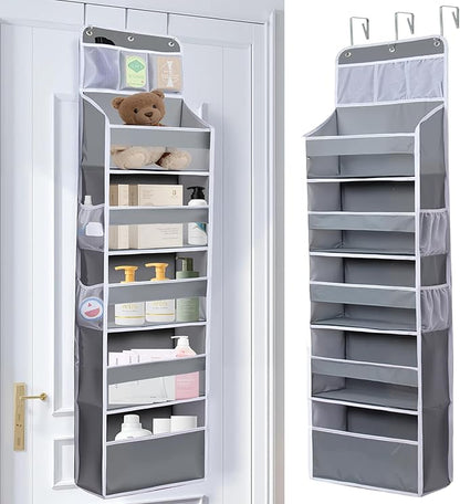 Over The Door Organizer 6 Tier with 12 Pockets & Reinforced Hooks - 59" Hanging Storage Organizer for Bathroom, Nursery, Pantry & Laundry (Light Grey)