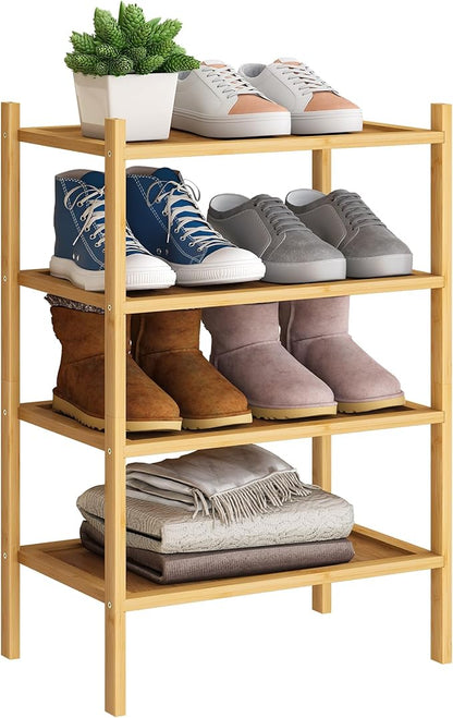 BMOSU 4-Tier Bamboo Small Shoe Rack Premium Stackable Shoe Shelf Storage Organizer for Hallway Closet Living Room Entryway Organizer(Natural)