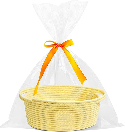 Pro Goleem Small Woven Basket with Gift Bags and Ribbons Durable Baskets for Gifts Empty Small Rope Basket for Storage 12"X 8" X 5" Baby Toy Basket with Handles, Yellow